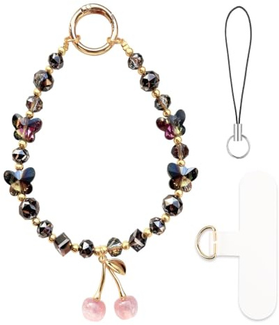 HONZUEN Correa de Mano para Móvil con Perlas Mariposa y Cereza | Perlas decorativas • Mariposa y cereza • Correa anticaídas • Para móvil llaves bolsos • Uso diario