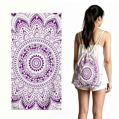 FANSU Microfibra Telo Mare Microfibra, Asciugamano Mare Leggero Zaino 2 in 1 Pieghevole, Stampa Mandala Spiaggia Asciugatura Teli Mare per Piscina Sport (Viola,80x160cm)