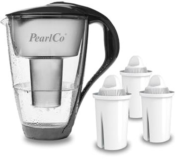 Filtro acqua in vetro PearlCo (antracite) con 3 cartucce filtranti Classic – riduzione di calcare, cloro, piombo e rame con caraffa in vetro – compatibile con Brita Classic – Made in EU