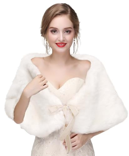 CanB Shawl, 1920s Faux Fur Wedding Shawl Wraps and Shawls Bridal Bolero Shrug Faux Mink Stole for Women and Girls (Ivory)