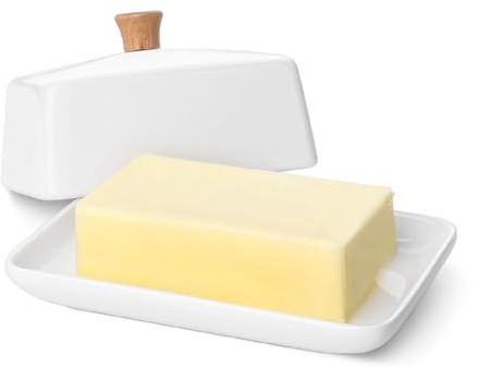 Flexzion Ceramic White European Butter Dish with Lid for Countertop (Large) - Wide 2 Stick Double Butter Holder for Counter, Cream Cheese Container Storage Keeper