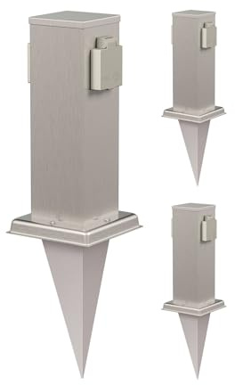 ledscom.de 3X Garten-Steckdosen-Säule Polly mit Erdspieß für außen, IP44, 2-Fach, Edelstahl, eckig, 27cm