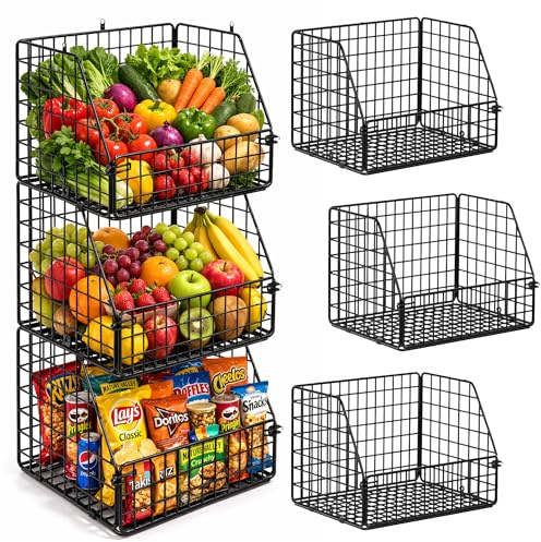 3-Tier Wall Hanging Fruit Baskets for Kitchen Organizing Fruits and Vegetables, Heavy-Duty Wall Basket for Storage, Wire Hanging Fruit Basket for Kitchen & Pantry