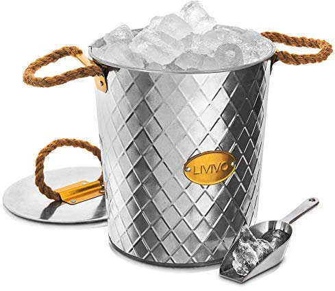 LIVIVO Galvanised Steel Ice Bucket with Scoop and Lid – Insulated Metal Ice Holder with Jute Rope Handles for Cocktail Bar, Whisky, Spirits, Beer, Soft Drinks – Ideal for Parties, Weddings, Events