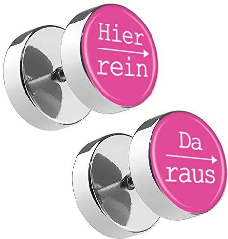 Piersando Damen Herren Ohrstecker mit runder Platte Doppel Kreis Ohrringe Fake Ohr Motiv Plug Piercing Spruch Hier rein Da Raus Pink 10mm
