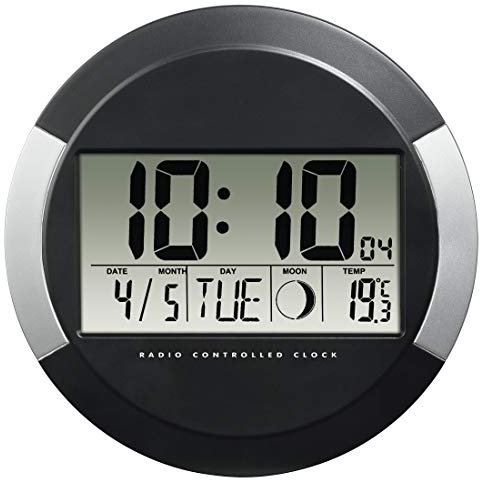 Hama Horloge Murale PP-245 (Radio-pilotée DCF, Pendule sans tic tac, numérique, à LED, sans Fil, avec Piles, Format 24h, Calendrier, Jour, thermomètre 0°C à -50°C, Pause Murale ou Bureau) Noir