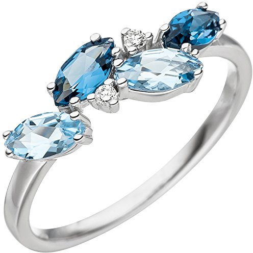 Jobo Damen-Ring aus 14 Karat 585 Weißgold mit Blautopas und 2 Diamanten Größe 60