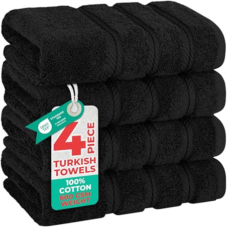 American Soft Linen Juego de 4 toallas de mano para baño de 100 % algodón turco, 600 g/m², toallas para manos y cara, para baño o cocina, color negro