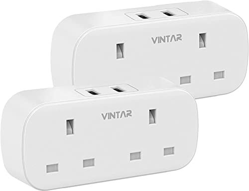 VINTAR Double Plug Adaptor with 2 USB, 2 Way Plugs Extension Multi Sockets Wall Charger Adapter, 13A UK 3 Pin Power Socket for Bedroom, Office, Kitchen, White,2 pack