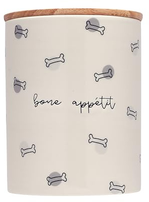 Pearhead Bone Appétit Ceramic Dog Treat Jar with Airtight Wooden Lid | 4 Cup / 32 oz, Cute Pet Treat Canister Keeps Dog Snacks Fresh – Durable, Easy-to-Clean Design, Kitchen Counter Décor