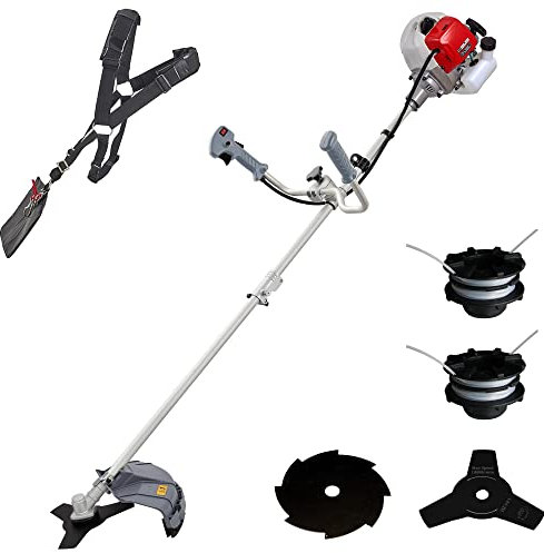 IKRA Benzin Freischneider Trimmer IBF 43, inkl. 2X Fadenspule, 3-Zahn-Messer, 8-Zahn-Messer & Schultergurt