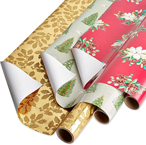 Papyrus Pacchetto di carta da regalo natalizia, agrifoglio dorato, alberi di Natale, fiori bianchi (3 rotoli da 70 piedi quadrati)