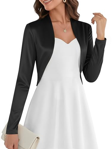 Belle Poque Women Satin Bolero Jackets Long Sleeve Cropped Cardigan Ruffle Hem Elegant Shrugs Black M