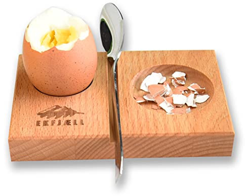 EKFJAELL Portauovo di alta qualità in legno (faggio), set da 2 pezzi, circa 11,5 x 7,5 x 1,5 cm, porta uova, ciotola e cucchiaio, antibatterico e trattato con olio di girasole, 2 pezzi