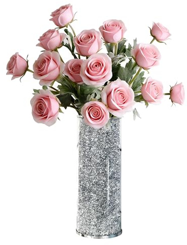 ESSGUO Silberne Glasvase für Blumen, groß, 25,4 cm, zerkleinerte Diamantvase, luxuriöse frische Blumenvase für Heimdekoration, Schlafzimmer, Wohnzimmer, Büro, Hochzeit, Party, Esstisch