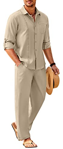 Coofandy Men's Linen Set 2 Pieces Long Sleeve Button Down Cuban Shirt and Pants Set for Summer Beach Outfit