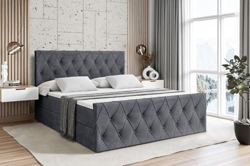 ALTDECOR Boxspringbett mit Matratze und Lattenrost, Boxbett, Fußteil, Topper, Polsterbett mit Bettkasten, Bett mit Stauraum H4-Matratze, Doppelbett, Springboxbett - Amay - 200x200 - Dunkelgrau Samt