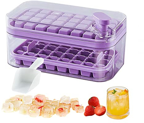 Ice Cube Tray with Lid - BPA Free 64 Pcs Ice Cubes Molds, Ice Molds Press to Release All Ice Cube, Flexible Safe Ice Cube Molds Comes with Ice Container, Scoop and Cover (Purple)