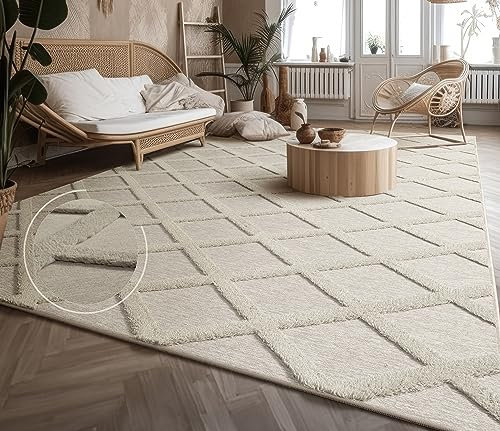 Paco Home Teppich Wohnzimmer Schlafzimmer Kurzflor Modernes Skandinavisches Muster Rauten Motiv Flauschig 3D Grau Anthrazit, Grösse:160x220 cm, Farbe:Creme
