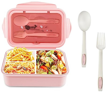 Relota porta pranzo con 3 Scomparti e Cucchiaio Forchetta 1400ml, lunch box Perdite Senza BPA, bento box Adatto a Microonde e Lavastoviglie, portavivande per Adulti Bambini Lavoro Scolastico, rosa