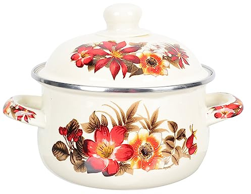 BESTonZON Vintage Enamel Stockpot Simmer Pot Floral Enamel on Steel Stock Pot with Lid and Handles Deep Enamelware Cooking Stew Soup Basins for Kitchen Stove Top 16cm