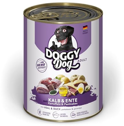 DOGGY Dog Paté kalv- och anka, 6 x 800 g, våtfoder för hundar, spannmålsfritt hundfoder med laxolja och grönläppmussla, komplett mat med potatis och pastinak, tillverkad i Tyskland