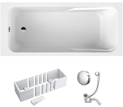VBChome Badewanne 170 x 80 cm Weiß Acryl SET Wannenträger Siphon Wanne Rechteck Design Modern Styroporträger Ablaufgarnitur in Chrom 170x80 cm