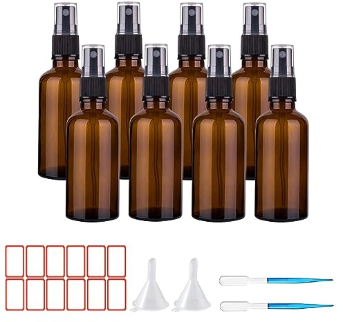 SuQurtom 8 Stück 50ml Braunglas Sprühflasche, Parfümzerstäuber Mit Zerstäuber für Ätherische Öle, Nachfüllbare Reise Feinnebel Set Mit Trichter