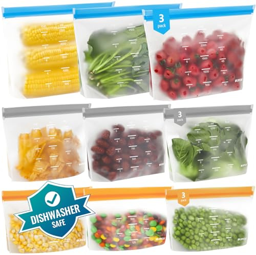 IDEATECH Reusable Freezer Bags Silicone 9 Pack Resealable Leakproof Stand Up Washable BPA Free Plastic Zip Lock Food Storage for Kitchen Vegetables Snacks