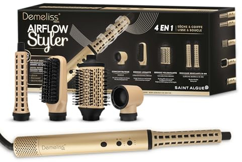 Demeliss SAINT ALGUE - AIRFLOW STYLER - Brosse Soufflante 4 en 1 - Sèche & Coiffe, Lisse & Boucle - produit puissant, Compact et Léger - 3 Températures Réglables, pour Tous Types de Cheveux