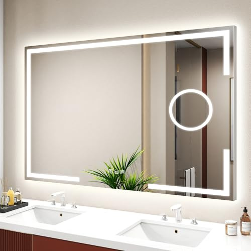 S'bagno Badrumsspegel med ljus 100 x 70 cm, badrumsspeglar och 5 x förstoring, aluminiumram, anti-dimma, 3 färger, dimbar, minne, HD-härdat glas, IP44 vattentät