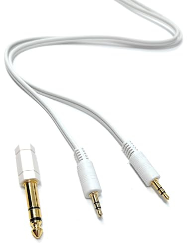 DRUT 20m 3.5mm to 3.5mm Male Jack Audio Stereo AUX Cable With 6.35mm 1/4 inch Adapter Converter Gold Plated Connectors Lead White, 65.5ft