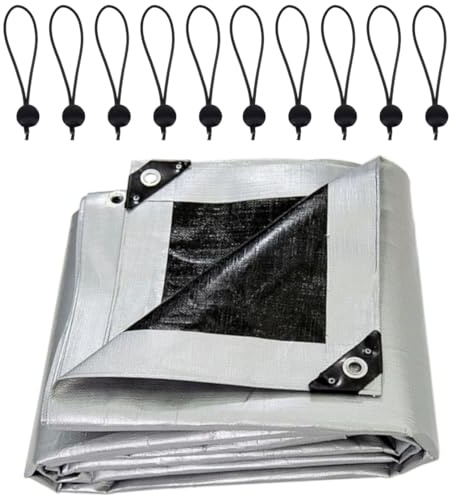 3 x 4 m Tarpaulin Cover Premium Heavy-Duty 260 GSM Extra Thick, Waterproof, Frost-Resistant, UV Protection, Universal, Multipurpose (Silver/Black) + 10 Bungee Balls