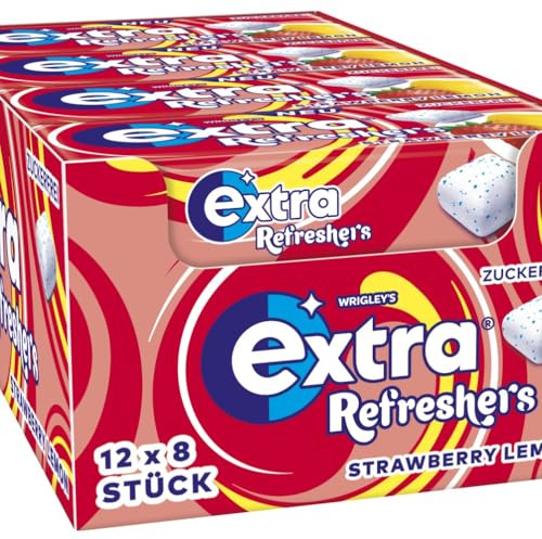 EXTRA® REFRESHERS Strawberry Lemon, erfrischendes Geschmackserlebnis, 12x8 Stück | Zuckerfreier Kaugummi mit Erdbeer-Zitronen-Geschmack, für angenehm frischen Atem zwischendurch, im Büro und beim Lernen
