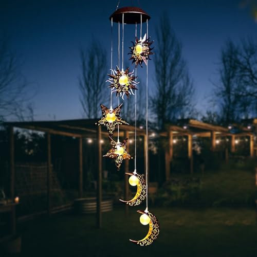 ZVO Campane a Vento Solare con Stelle Sole Luna, Campane di Vento Solare per Esterno, Luce Solare Sonagli a Vento da Esterno LED, Decorazioni Terrazzo da Appendere per Balcone Giardino