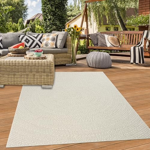 Teppich-Traum In- & Outdoor Teppich Kreismuster Creme 120x170 cm | Pflegeleicht, wetterbeständig, robust und langlebig, flach gewebt, für Terrasse, Balkon, Garten, Wintergarten und Wohnbereich