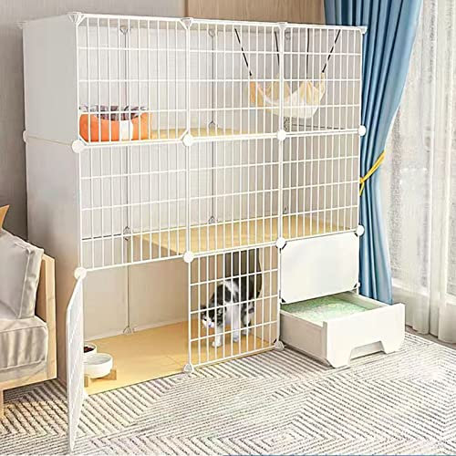 FZZIBQYR Katzenkäfig – Katzengehege, Chinchilla-Käfig mit Katzentoilette, DIY-Katzenlaufstall für den Innenbereich, abnehmbare Metalldraht-Kätzchenhütten, Kleintierkäfig für Haustier 1–2 Katzen (Farb