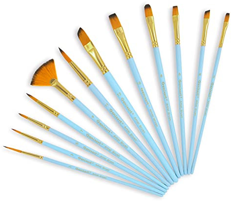 Genixart Artist Paint Brushes for Art Painting, Acrylic, Oil, Watercolor | Small Paintbrushes for Nail Face Body, Short Handle, Soft Nylon Hair, Round Flat Angle Filbert, Assorted 12 Pack, SkyBlue