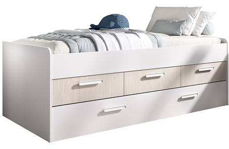 DEKIT GRUPO RIMOBEL LEKA - Cama compacta con tres cajones y una cama arraste - Blanco / aLISTONADO - 67x195x95 cm