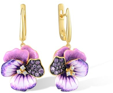 Santuzza Orecchini a forma di peonia in argento Sterling 925, con ametista e zirconia cubica, smaltati, a forma di fiore viola, da donna