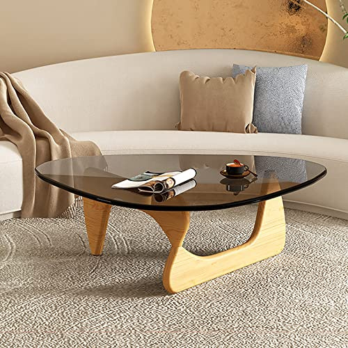 wanghaiyanBD Table basse triangulaire avec plateau en verre, table d'appoint abstraite moderne du milieu du siècle avec base en bois, petite table centrale pour salon, bureau à domicile, 91,4 x 64,8 x