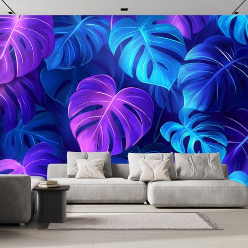 Feuille Monstera Violette Papier Peint Effet 3D 250×175cm, Plantes Tropicales Feuilles Photo Peintures poster geant mural Salon Tv Canapé Thème Hôtel De Luxe Couloir Fond Décor Maison