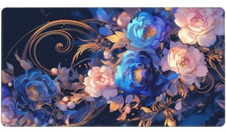 Gaming Mauspad XXL 900x400x3mm Mousepad Verlängertes Groß Mauspad Schreibtischauflage,Genähte Kanten rutschfeste Gummibasis,Verbessert Präzision Geschwindigkeit Home Office Blaue rosa Blumen L-4593