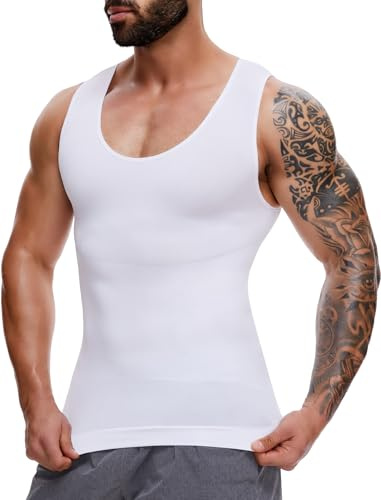 MISS MOLY Shapewear Herren Bauchweg Unterhemd Elastische Kompressions Shirt Herren Figurformende Bauchweg Unterwäsche Tank Top Ärmellos Body Shaper Weste(Weiß,L)