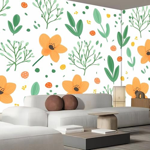 Fototapete 352x250cm (B×H), Sommer Blumen Wanddeko Foto Tapete Schlafzimmer Wohnzimmer Seidentuch Tapete, Polka Dot Blumen Motivtapeten Weiß Bildtapete 3D Effekt Wand Dekoration