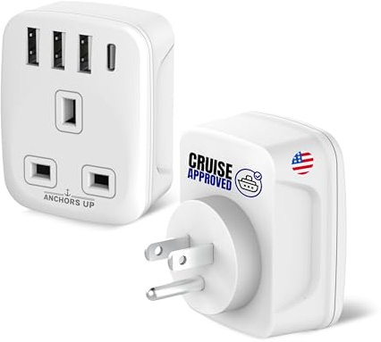 Cruise Approved 5-in-1 Travel Adapter – Non Surge for Cruise Ships – 3 USB + 1 USB-C – Works on Marella, MSC, Royal, Celebrity, Carnival, Princess, NCL, Disney, Fred Olsen – (US)