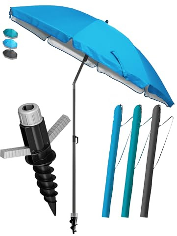 Menz Sonnenschirm Strand Ø 200 cm in Blau, 3-IN-1 Set - Strandschirm mit UV Schutz + Sonnenschirm Schutzhülle + Bodenhülse, Strandschirm windfest stabil, Sonnenschutz Strand, Gartenschirm