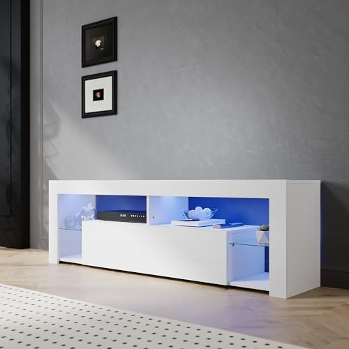 SIRHONA Meuble TV LED Blanc, Banc TV 160x35x50.5cm, Éclairage LED RGB avec Couleur réglable, Capacité de Charge 40 kg, Convient pour Salon ou Chambre