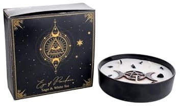 Bougie Eye of Providence Parfumée Ésotérique – Sauge & Thé Blanc – 3 Mèches – Obsidienne Noire – Cire Végétale – Protection & Purification – Symbole Triple Lune