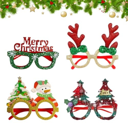 Weihnachtsbrillenrahmen, Glitzer, Weihnachtsfeierbrille, Weihnachts-Glitzer-Party-Brille, Weihnachts-Kostüm-Dekoration, Weihnachtskostüm, kreative Brillen für Weihnachtsfeiern, 4 Stück